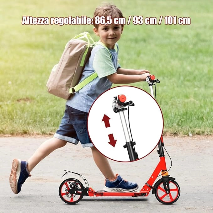 Monopattino Bambini e Adulti, Monopattino a Spinta Pieghevole e Regolabile in 3 Altezze, Monopattino Portatile con 2 Ruote, Cavalletto, Freno e Pedale Antiscivolo, Portata 100 kg