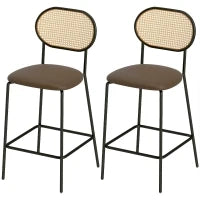 Set di 2 Sgabelli da Cucina con Schienale in Rattan Seduta in PU Struttura in Acciaio e Poggiapiedi Marrone