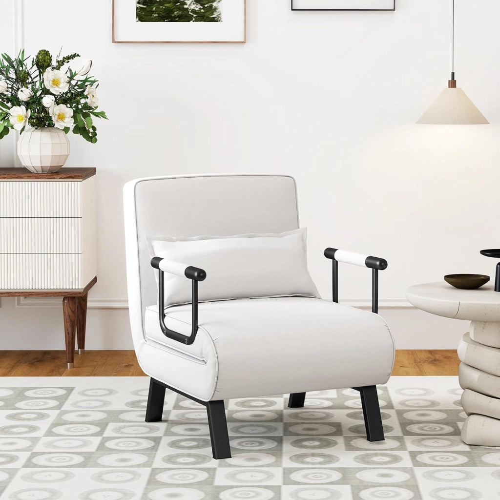 4 in 1 Poltrona Letto Singolo, Poltroncina Pieghevole con Schienale Regolabile in 6 Posizioni, Sedile Imbottito Robusto, Divano Letto per Casa Ufficio, 79x65x79 cm (Bianco)