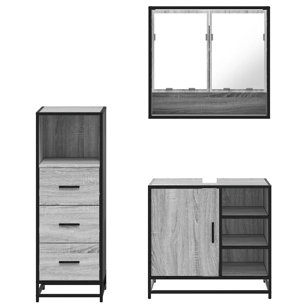 Set Mobili da Bagno | Armadio da bagno 3 pz Grigio Sonoma in Legno Multistrato