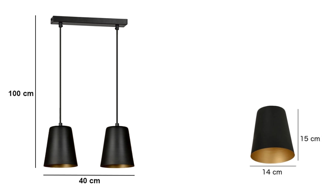 Lampadario 2 Luci Milargo In Acciaio Nero Con Paralumi A Cono In Nero E Oro