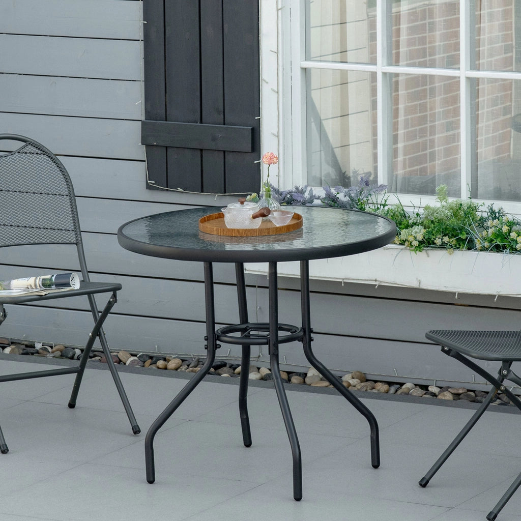 Tavolino da Giardino Ø80x72 cm Piano in Vetro con Foro in Metallo Nero