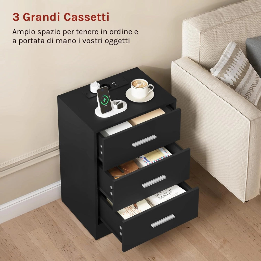 Set di 2 Comodini, Comodini con Stazione di Ricarica, con 3 Cassetti, Neri, per Soggiorno Camera da Letto Studio, 39x28.5x54.5cm