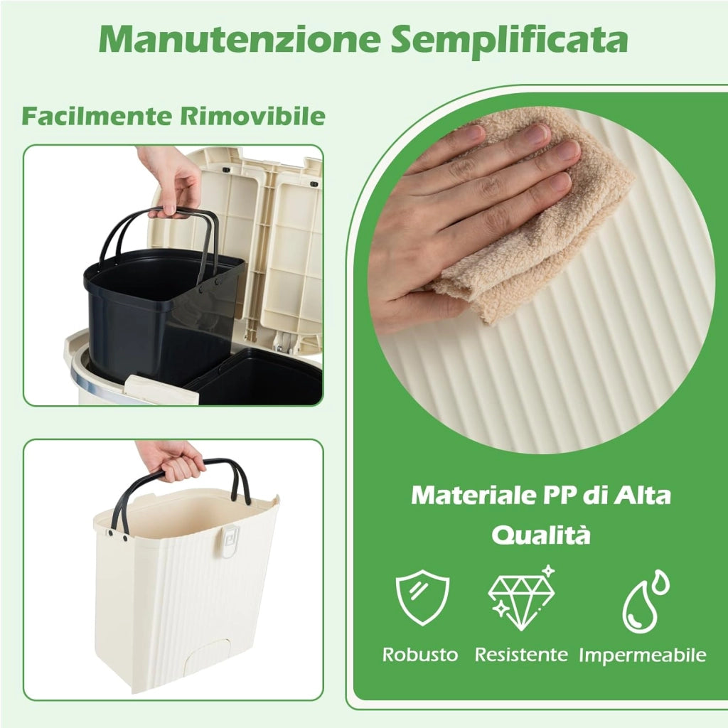 38 L（12+12+14 L） Pattumiera Differenziata, Secchio Spazzatura a 3 Scomparti con Coperchi, 2 Secchi Rimovibili Pedale e Ruote, Bidoni Differenziata per Bagno Cucina Ufficio