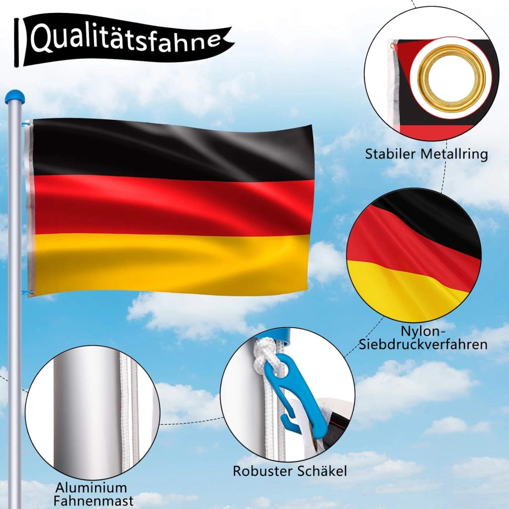 Asta per bandiera, in alluminio, 6,5 m, regolabile in altezza, con bandiera della Germania, per balcone, giardino