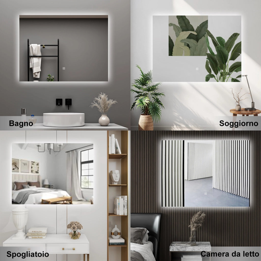 AICA Specchio da bagno 80 x 60 cm, antiappannamento, dimmerabile, interruttore touch, Funzione Memoria