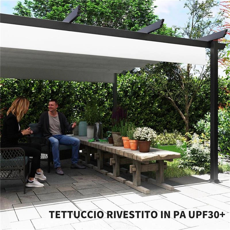 GAZEBO PERGOLA 4X4 M CON TETTUCCIO RETRATTILE, 8 VITI E 8 PICCHETTI IN ALLUMINIO, POLIESTERE E METALLO, BIANCO