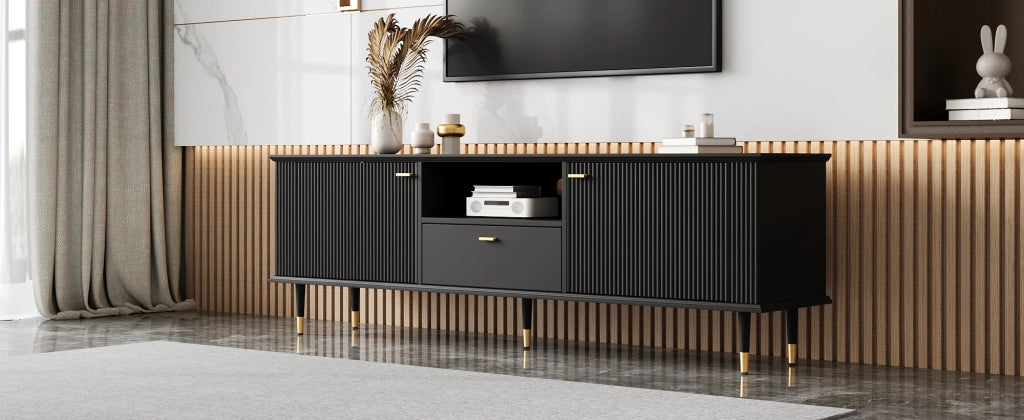Mobile porta TV con 2 ante, 1 vano aperto e 1 cassetto, passacavi, chiusura ammortizzata, in MDF nero, 170 × 36 × 54 cm