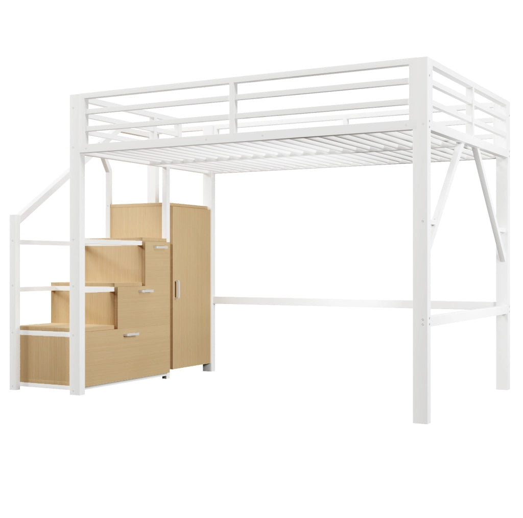 Letto a soppalco ULEVR 140x200 cm con 3 mobili contenitore, guardaroba, LED Bluetooth e scala, bianco
