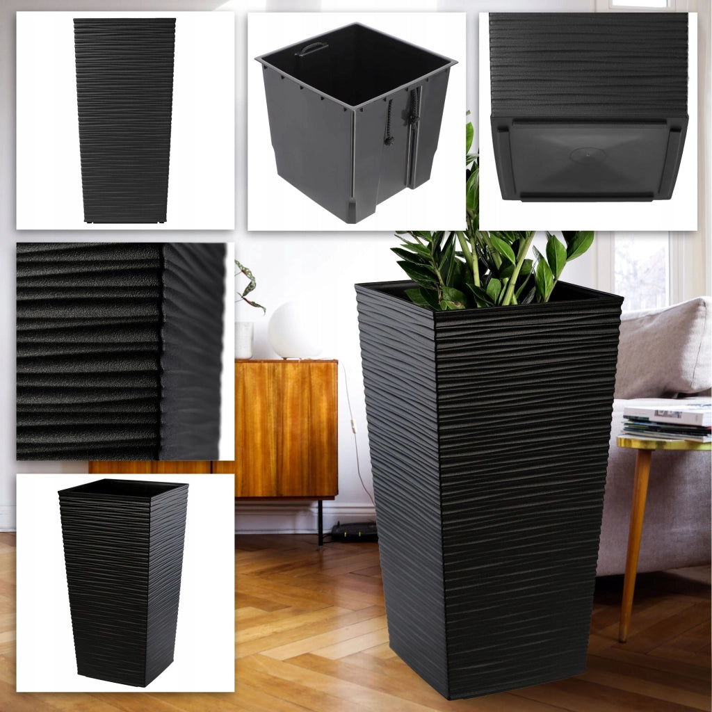 Vaso da fiori KADAX con inserto e coperchio, fioriera alta da giardino, nera, 39x75 cm