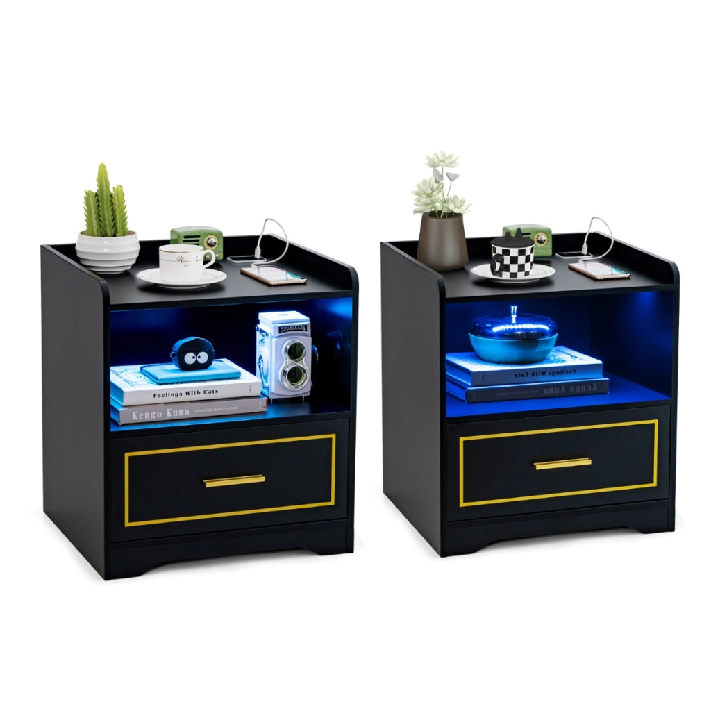 Set di 2 comodini a LED con 2 porte USB ripiano aperto e cassetto-Tavolini vintagi da divano Nero