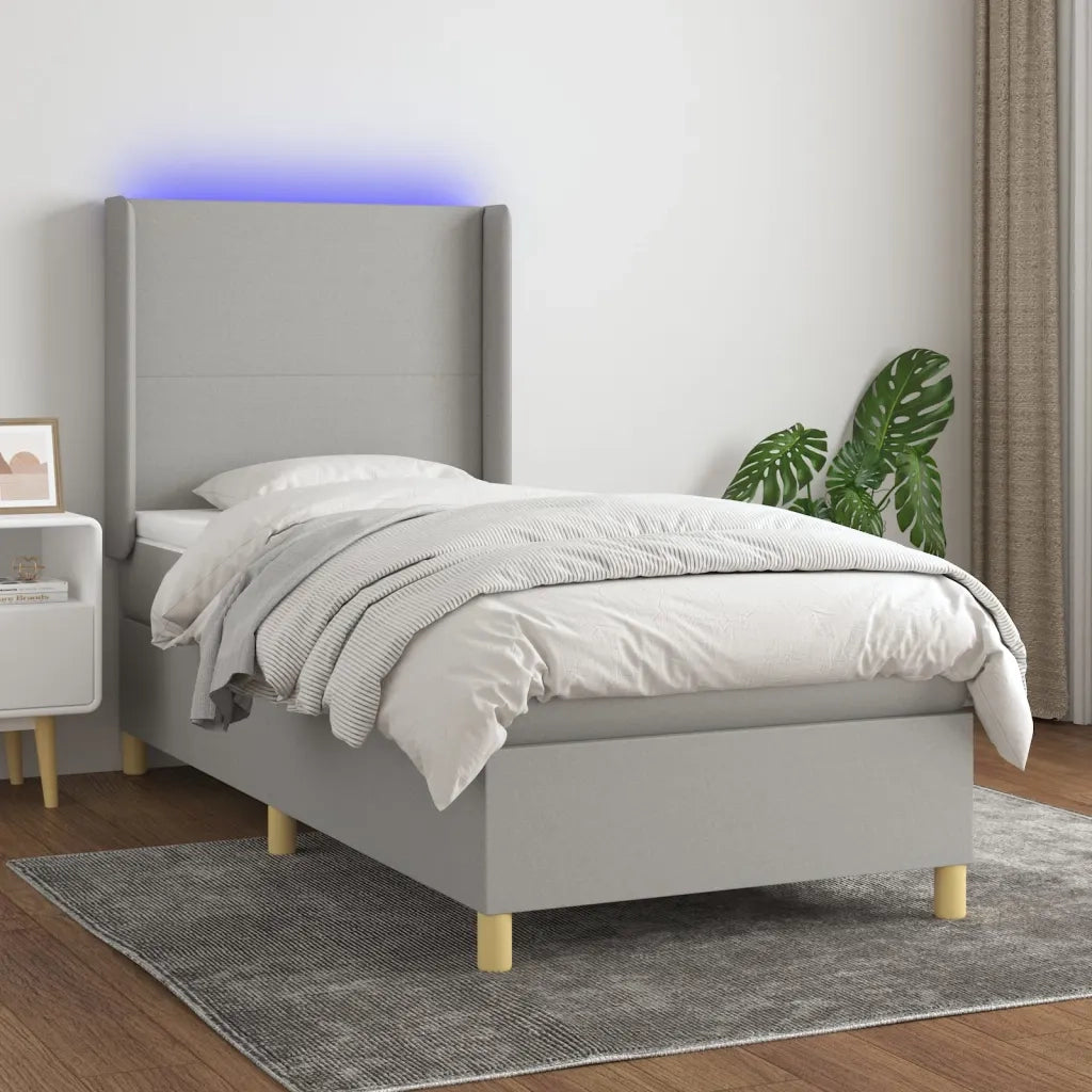 Letto singolo | Letto per adulti | Letto a Molle Materasso e LED Grigio Chiaro 90x200 cm Tessuto