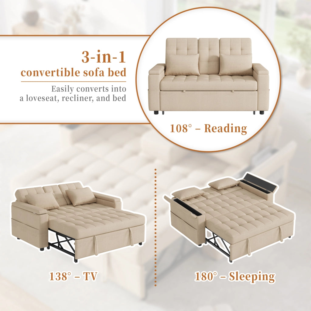divano letto 2 posti con schienale regolabile; vani laterali e 2 cuscini; cotone e lino beige