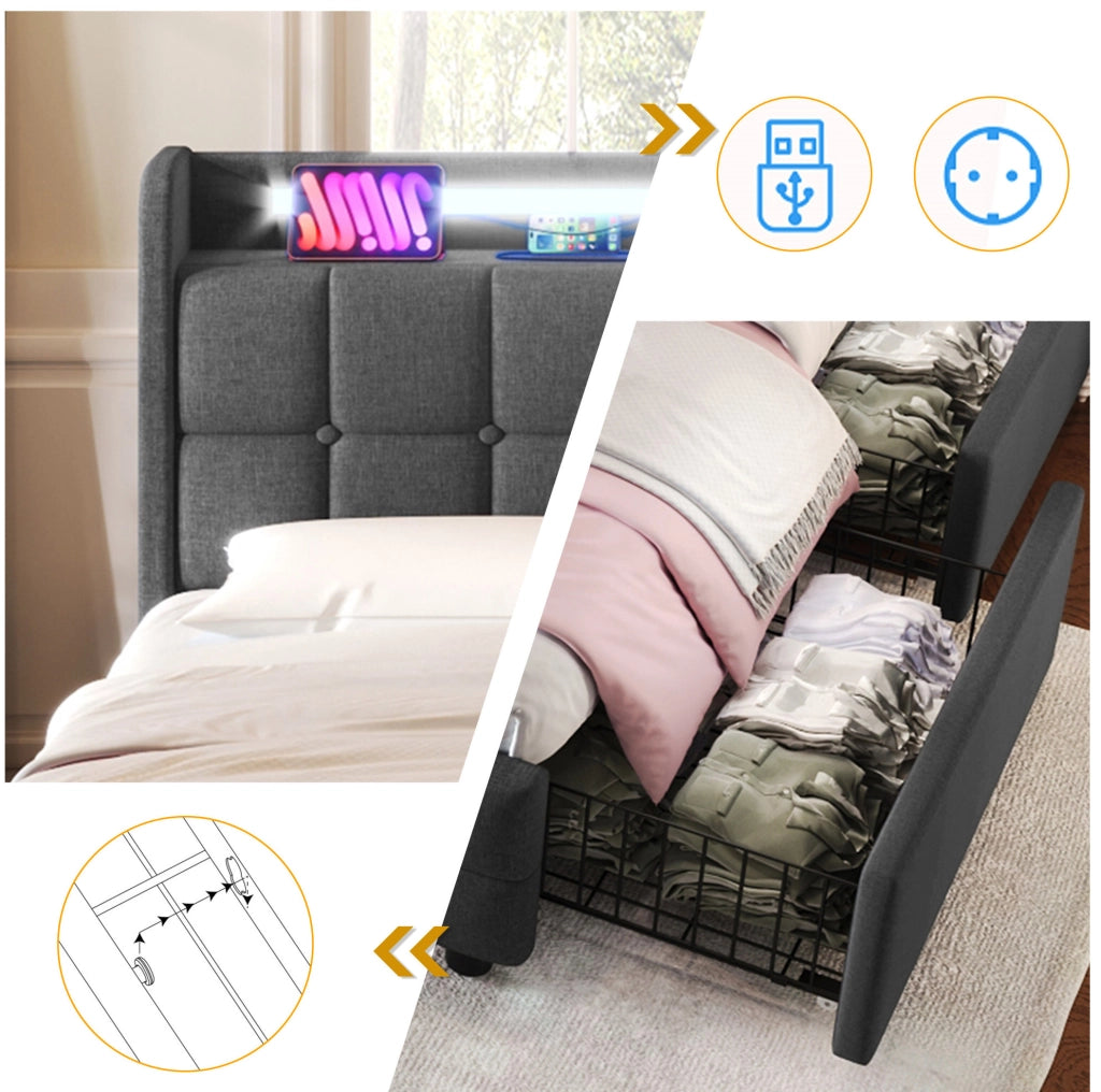 Letto imbottito 140x200 cm grigio con LED, prese USB e 4 cassetti