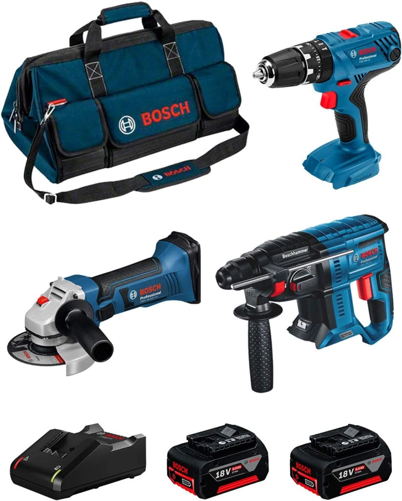 BOSCH Kit 18V BK305BAG (Martello Perforatore GBH 18V-21 + Trapano a Percussione GSB 18V-21 + Smerigliatrice GWS 18-125 V-LI + 2 Batterie di 5,0 Ah + Caricabatterie + Borsa)