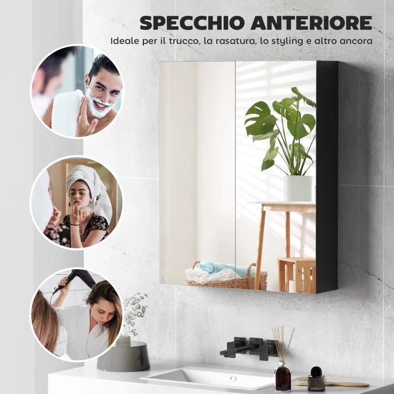 ARMADIETTO PENSILE BAGNO 2 ANTE CON SPECCHIERA E 2 RIPIANI INTERNI IN MDF, 60X15X75 CM, NERO