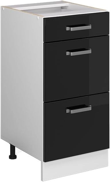 Mobiletto base per cucina R-Line, Nero lucido, 40 cm con cassetti, senza piano di lavoro, per la libera combinazione all'interno di sistemi cucina modulari