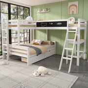 Letto a castello 140x200 e 90x200 - Xylo - 3 posti, cassetti, scrivania, scaffale, bianco