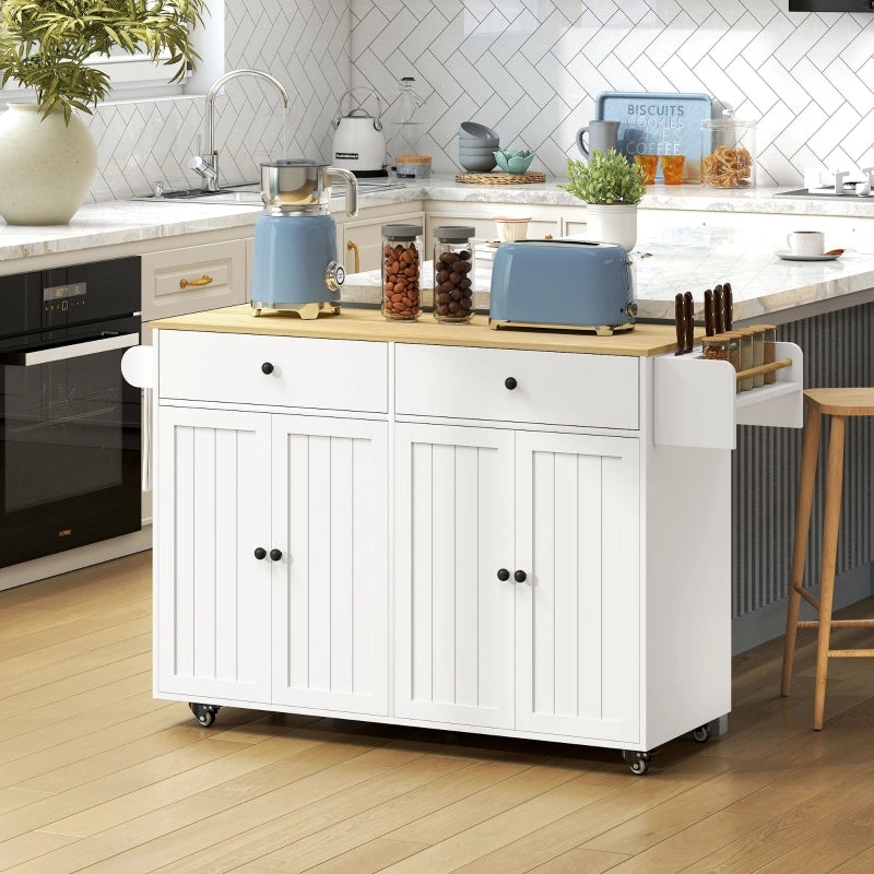 Isola da Cucina con 2 Ante; 2 Cassetti; Portasciugamani e Portaspezie; con Ruote; in Legno; Bianca
