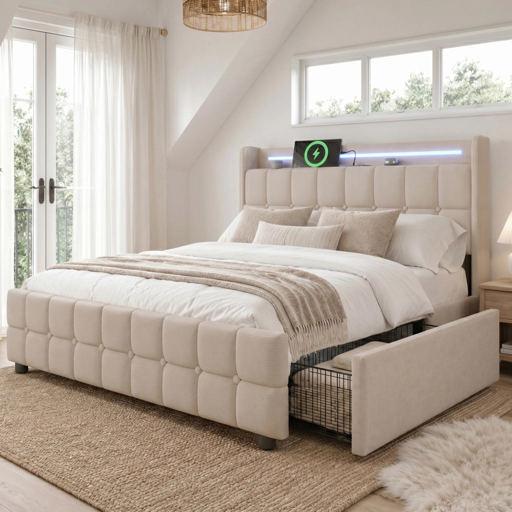 Letto matrimoniale 180x200 cm con USB; LED e 4 cassetti; beige