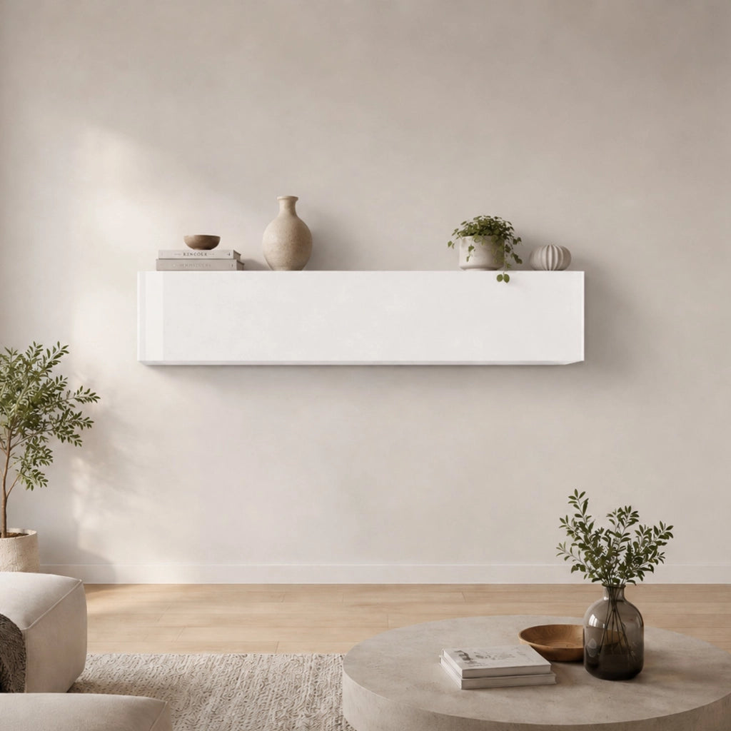 Pensile da Anette, Made in Italy, con anta a ribalta, Mobile da soggiorno sospeso, cm 180x30h40, colore Bianco lucido