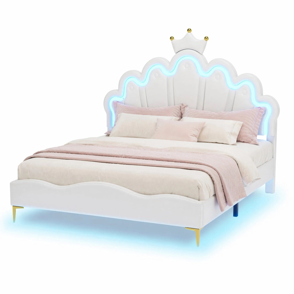 Letto matrimoniale 140x200 cm con LED e testiera a corona; rivestimento in PU bianco
