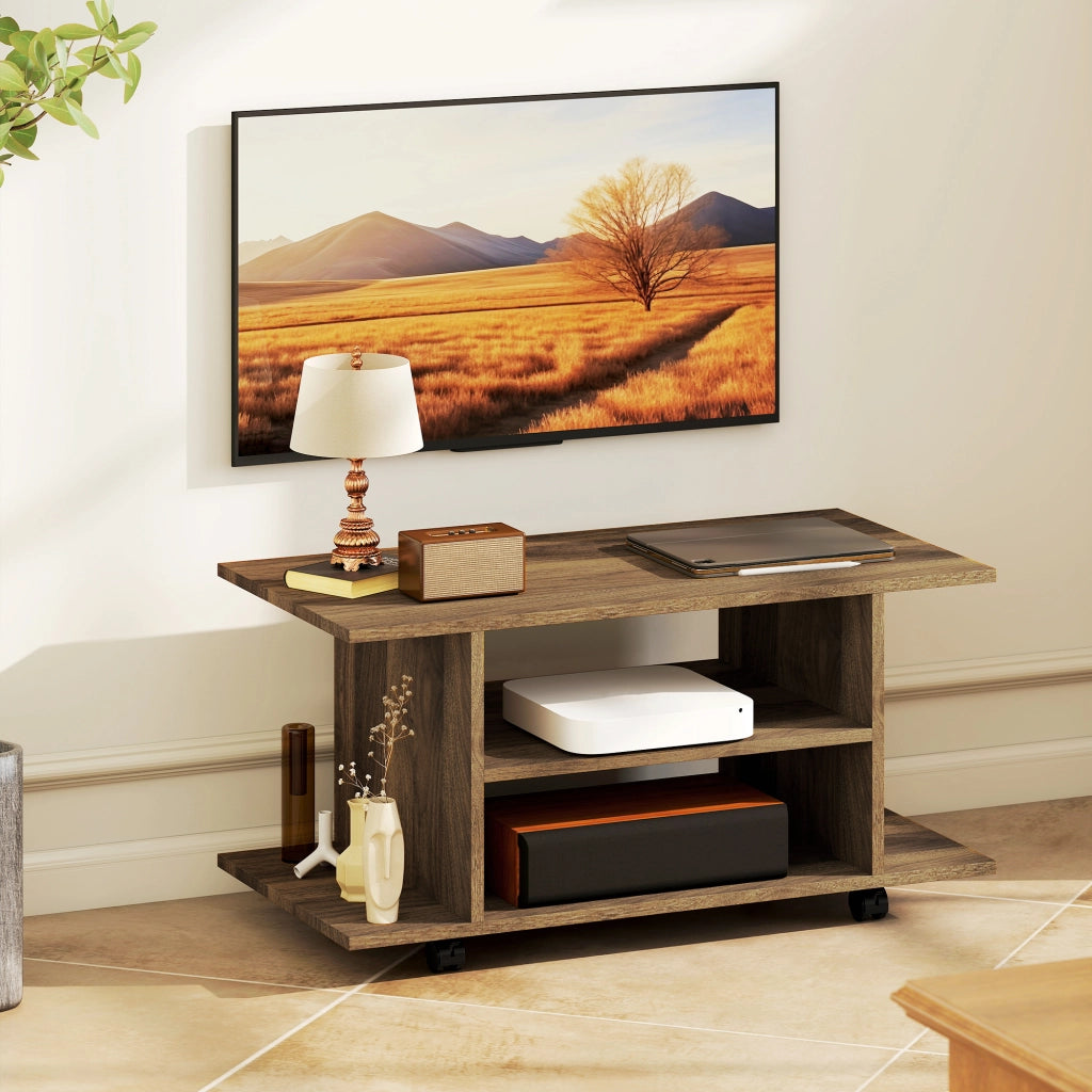 Mobile Porta TV Moderno 80x40x40 cm con Ripiani Ruote Girevoli e Freni Color Noce