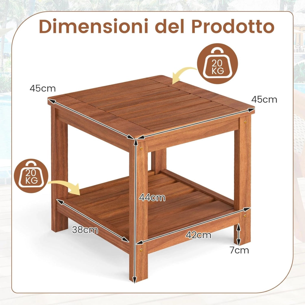 Tavolino Laterale da Esterno a 2 Livelli, Tavolino da Caffè in Legno Massello con Ripiano Portaoggetti, Tavolo Quadrato in Stile Rustico per Patio, Giardino, Veranda e Soggiorno