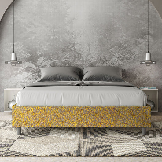 Letto Matrimoniale 160x210 cm con Rete e Contenitore Giroletto con Alzata Comoda Imbottito in Tessuto Era Azelia Giallo