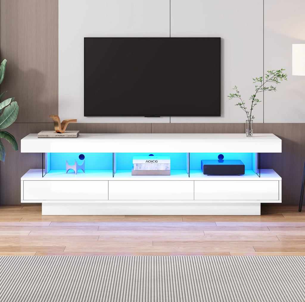 Mobile TV 160x38x50.5 cm con 3 ripiani in vetro e LED controllabile tramite app in truciolato bianco