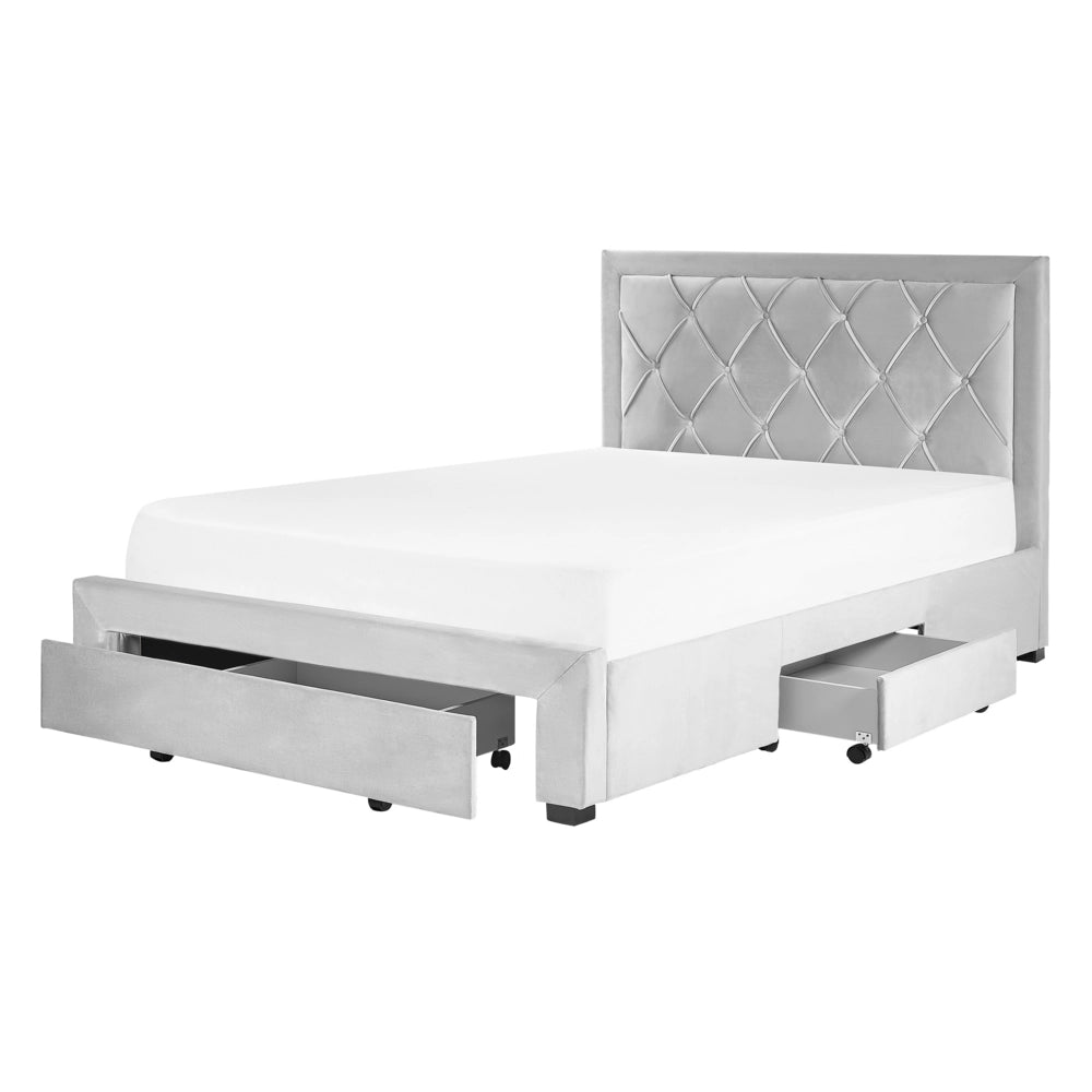 Letto contenitore tappezzeria in velluto grigio chiaro 140 x 200 cm trapuntato testiera alta cassetti Glam Design
