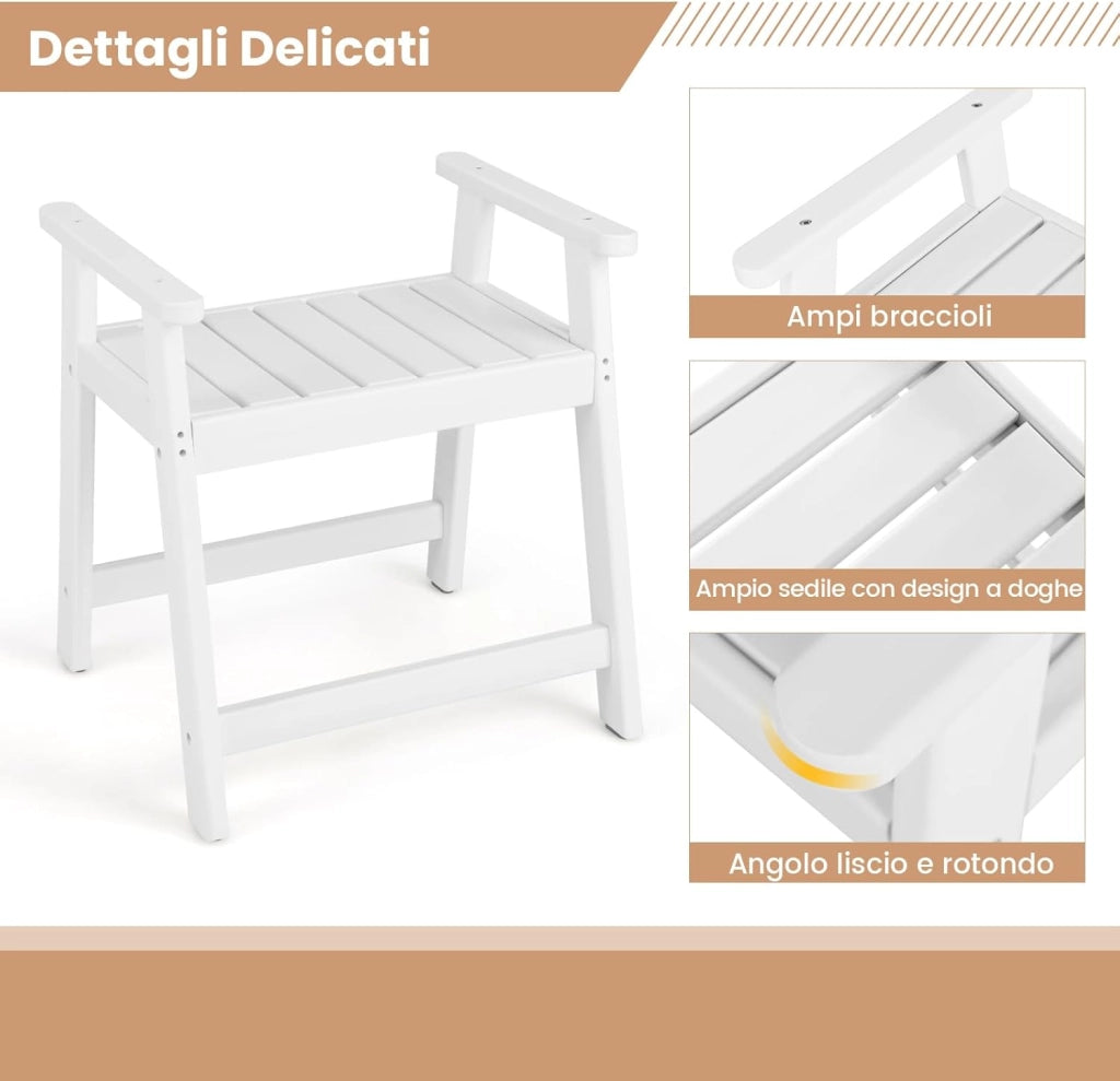 Sgabello da Bagno con Braccioli, Sgabello Doccia Impermeabile con Piedini Antiscivoli, Panca Versatile con Carico 150 kg, 58x52x61,5cm (Bianco)