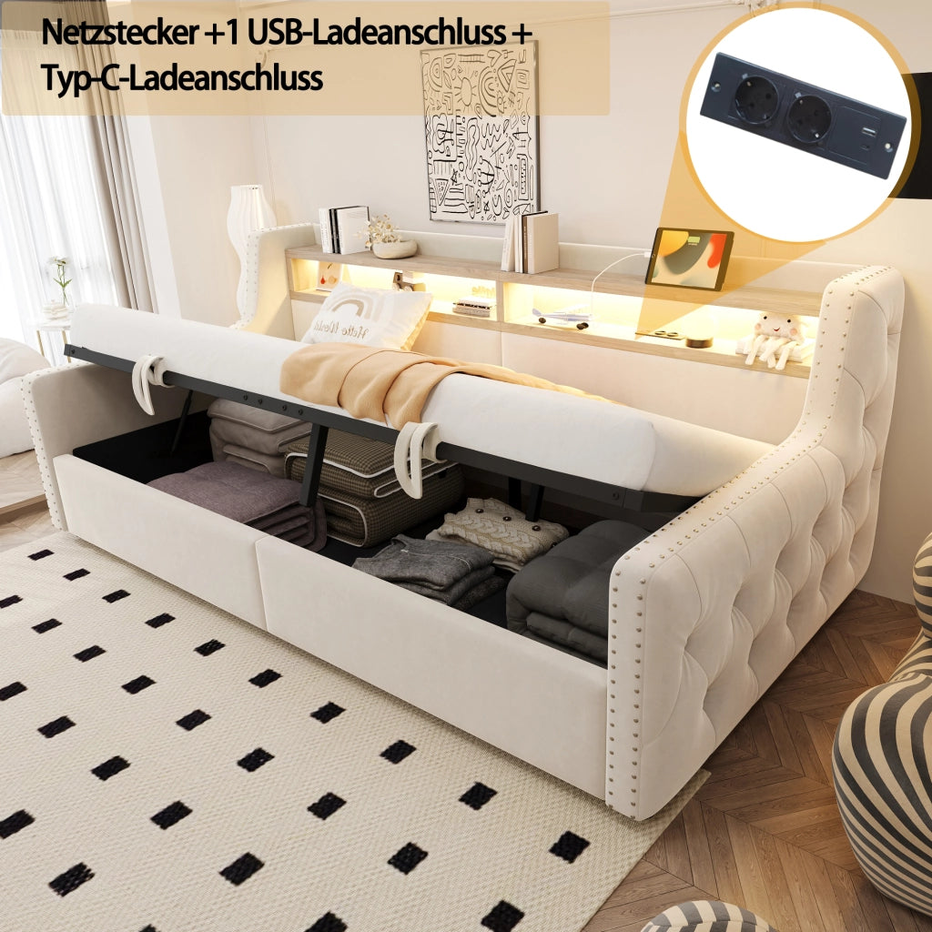 LETTO Divano letto 90x200 cm in velluto beige con contenitore