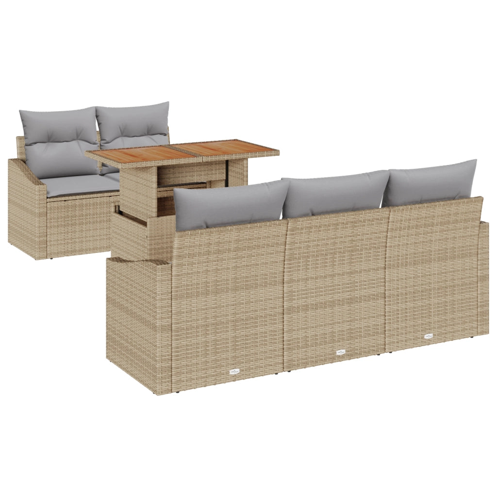 Set da pranzo da giardino 6 pezzi con cuscini in polirattan beige e acacia