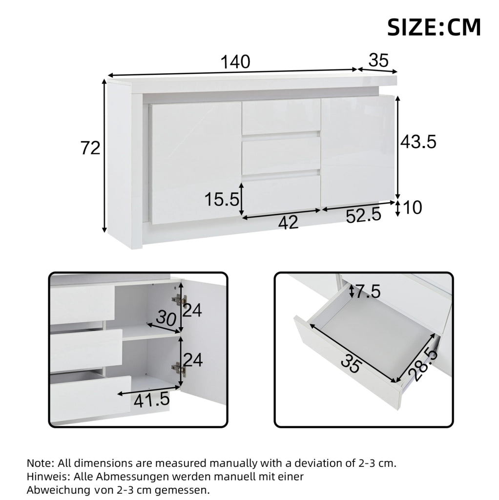 Sideboard 140x35x72 cm con 2 ante; 3 cassetti; LED; bianco lucido