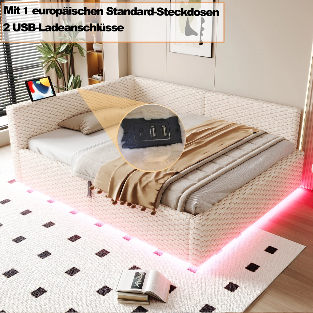 Letto divano 140 × 200 cm con contenitore idraulico, LED, 2 USB e Type-C, senza materasso, in velluto beige