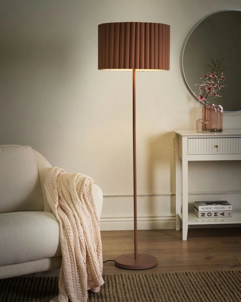 Lampada da terra marrone in poliestere e lino con paralume a tamburo in ferro da 155 cm per camera da letto e soggiorno stile retrò classico