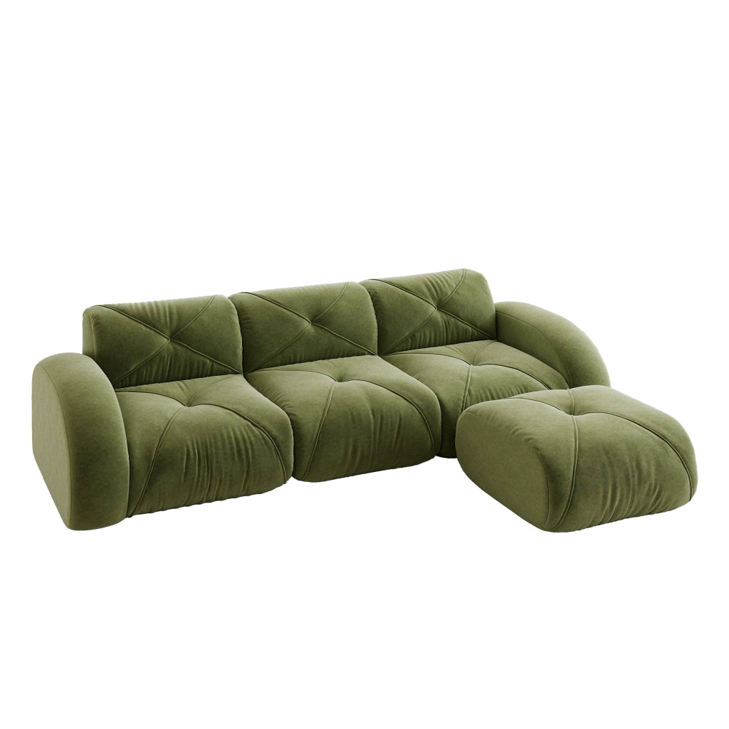Divano modulare a L in chenille senza telaio con schiuma 32D e base antiscivolo, per soggiorno, verde