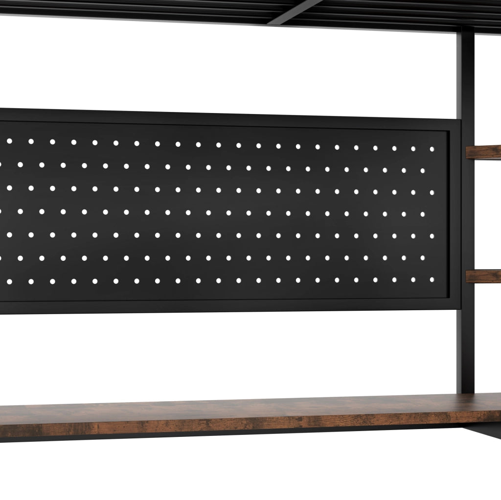 Letto a soppalco 140x200 cm con scrivania e ripiani; in metallo nero (Senza materasso)