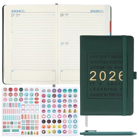 Agenda 2026 A5, 12-mesi libro calendario, calendario 2026, quaderno con penna e 2 adesivi per pianificazione, organizzatore per appuntamenti e pianificazione, copertina in pelle PU in pelle rigida per l'apprendimento e il lavoro (verde)