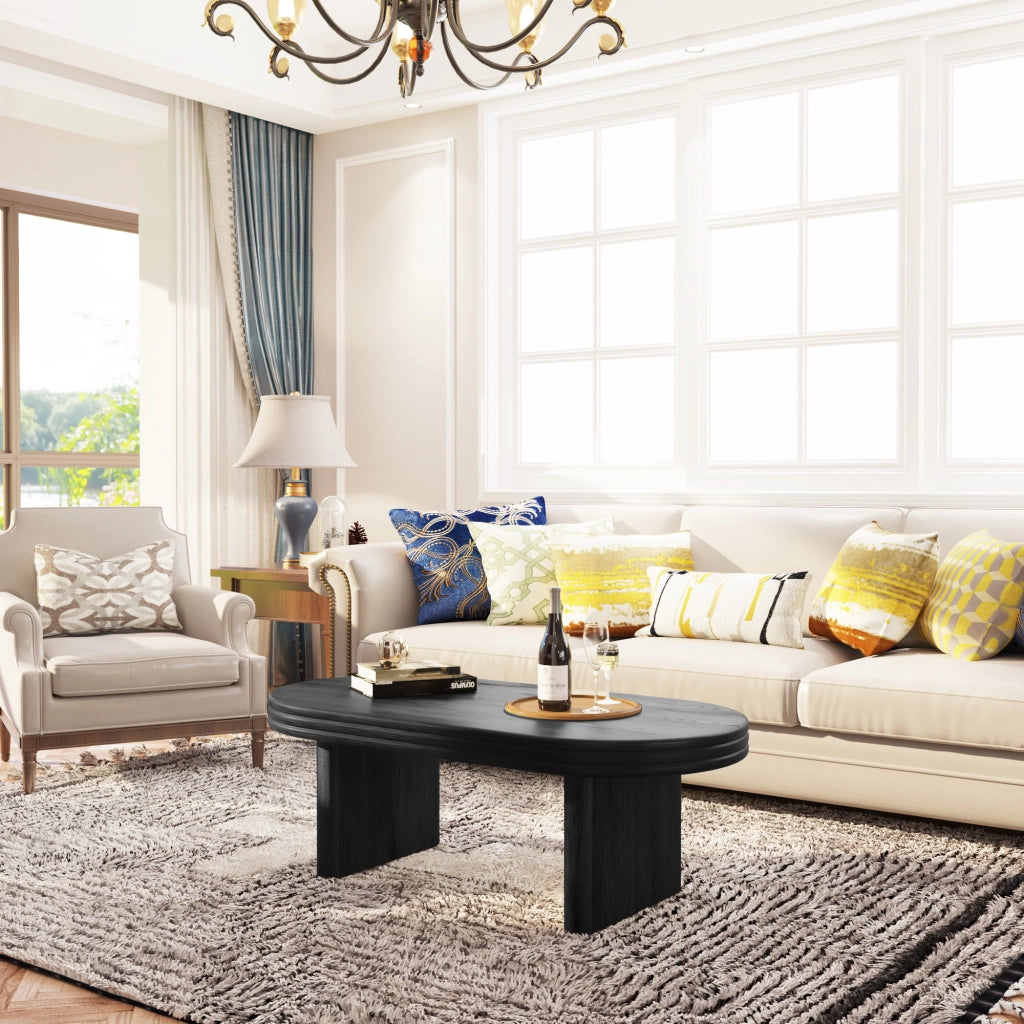 OKWISH Tavolino da Caffè Ovale con Piano Elegante, per Soggiorno o Ufficio, MDF con Impiallacciatura in Legno, Nero, 120 × 60 × 41.5 cm