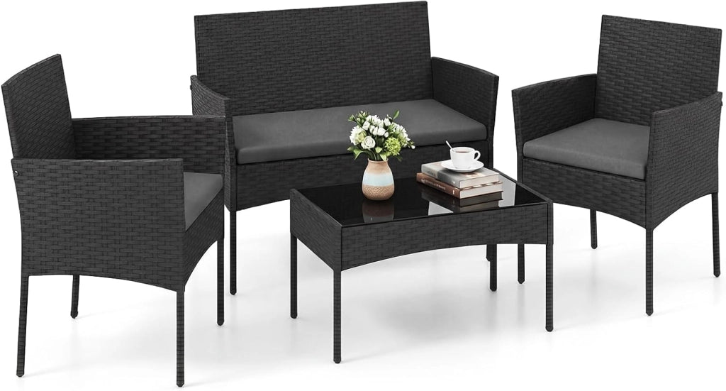 Set Salotto da Giardino 4 Pezzi, Divanetto da Esterno in Rattan PE con 2 Poltrone e Tavolino con Piano in Vetro Temperato, Cuscini Imbottiti, Telaio Metallo per Terrazzo e Balcone (Nero)