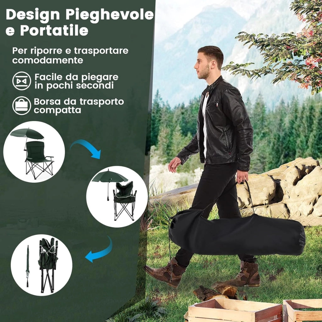 Sedia da Campeggio con Ombrello Regolabile, Sedia da Giardino Imbottita con Borsa e Tettuccio Parasole, Poltrona Pieghevole per Spiaggia, Pesca, Sport, Portata 160 kg