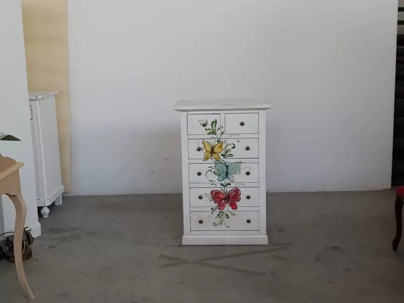 Cassettiera 6 cassetti in legno shabby bianco anticato decori farfalla 62x37x93 - Mobili 2G