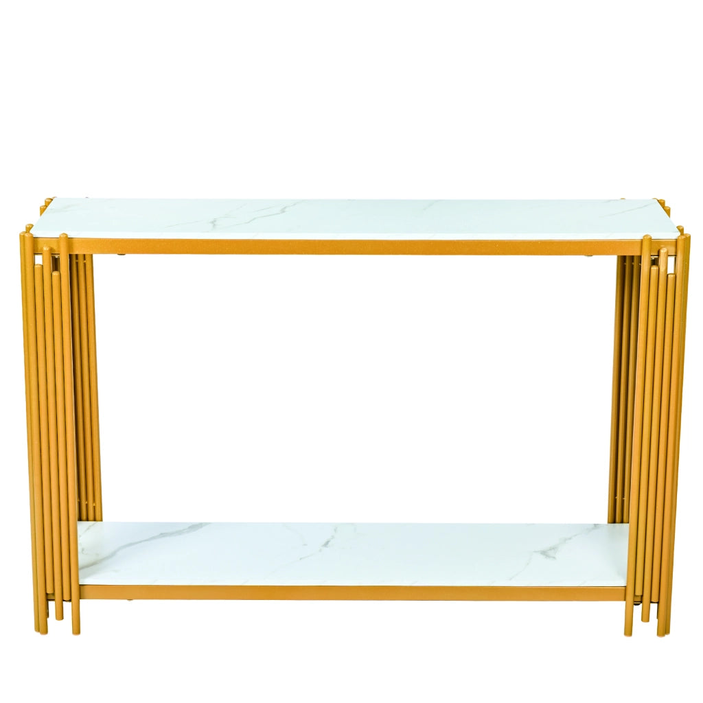 Tavolo consolle con 2 ripiani MDF e metallo oro e bianco