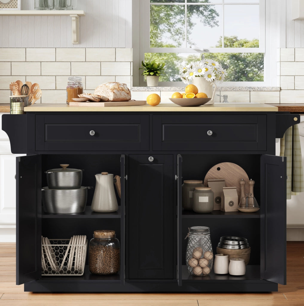 Isola cucina mobile MDF con piano ribaltabile, naturale e nero