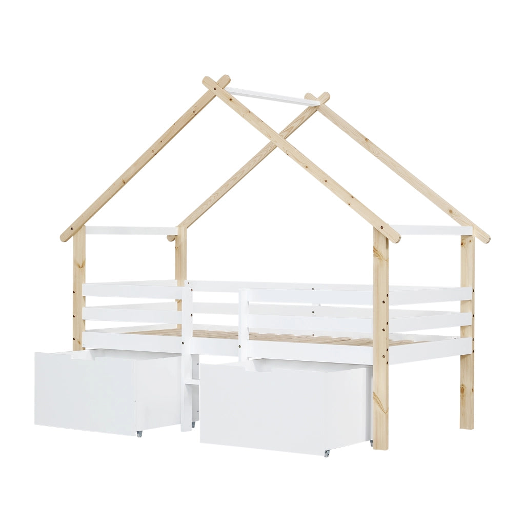 Letto Casetta per Bambini con Tetto e Scala ¨C MINIMAL ¨C Pino+MDF Bianco+Naturale 90x200