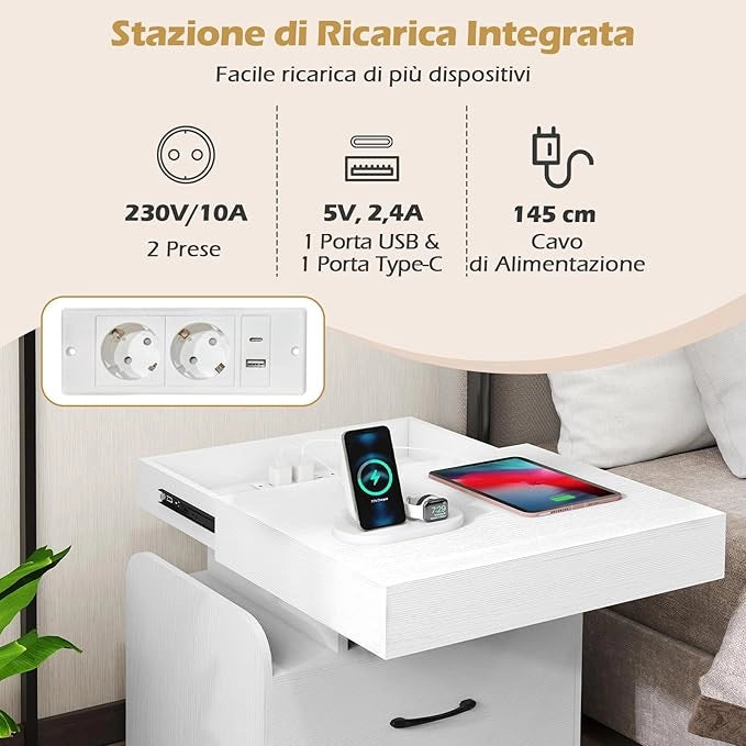 Comodino da Camera da Letto, Mobile Salvaspazio con Stazione di Ricarica, Cassetto, Vano Scorrevole, Vassoio e Ripiani Aperti, Comò per Soggiorno e Ufficio, 50 x 40 x 55 cm