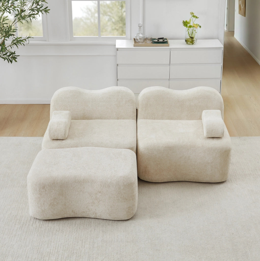 Divano modulare angolare a L 192x167x70 cm in velluto beige; con pouf; senza montaggio