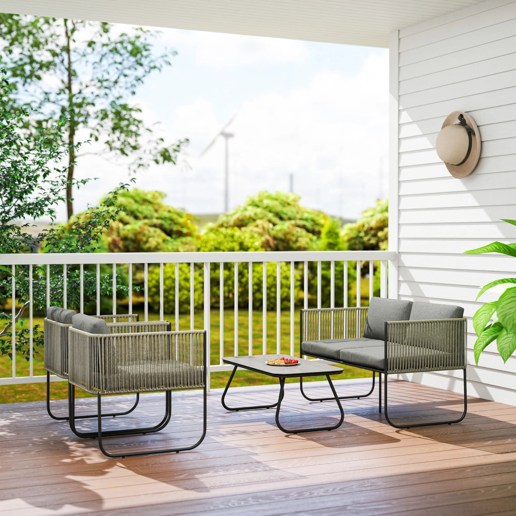 Mobili da giardino in polirattano: Divanooo + poltrona + tavolo + cuscini; resistenti; 116x60x69 cm; marrone + grigio scuro